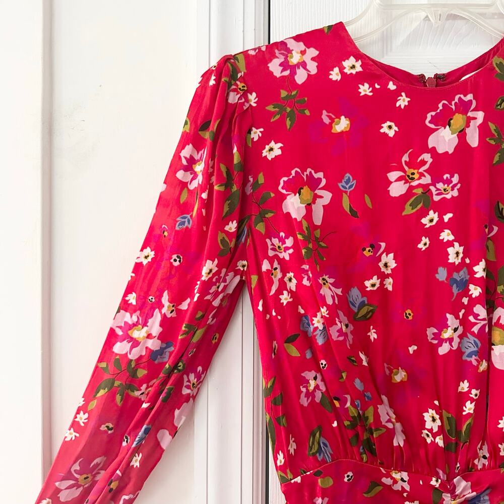 Sau Lee Red Floral Print Ruched Skirt Long Sleeve Fitted Sheath Mini Dress 2 - Picture 5 of 8